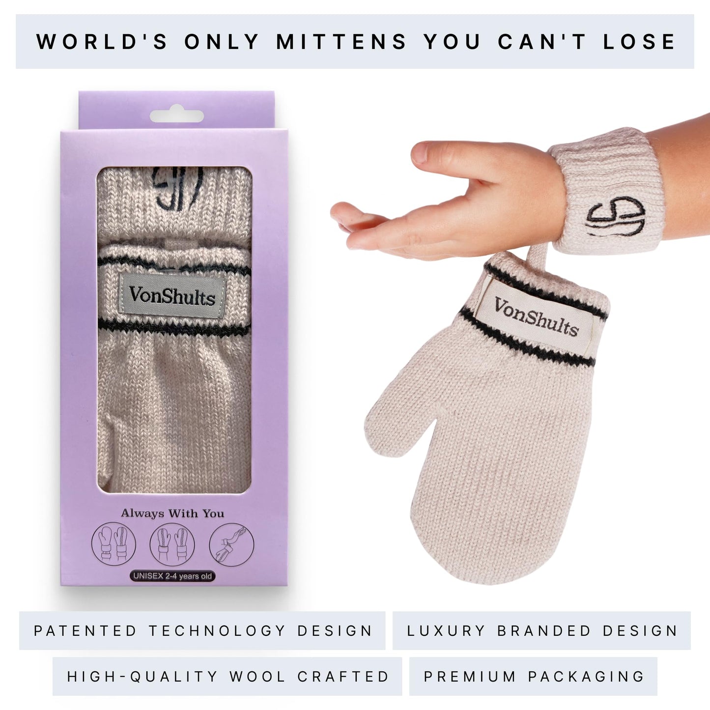 VonShults Merino Wool Winter Gloves Mittens for Toddlers with Strings No Clips - Never Lose Warm Cold Weather Mittens with Band Cord