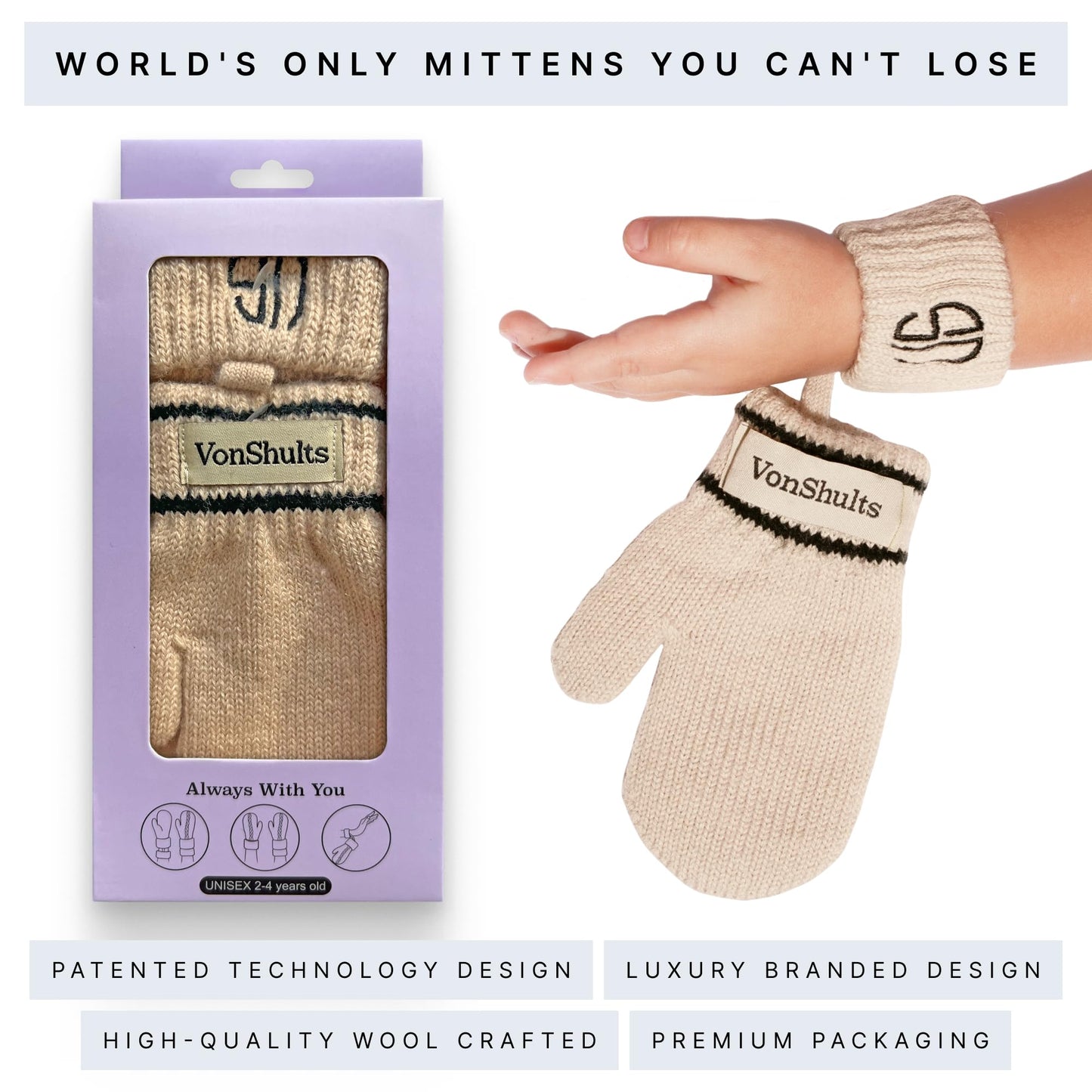 VonShults Merino Wool Winter Gloves Mittens for Toddlers with Strings No Clips - Never Lose Warm Cold Weather Mittens with Band Cord