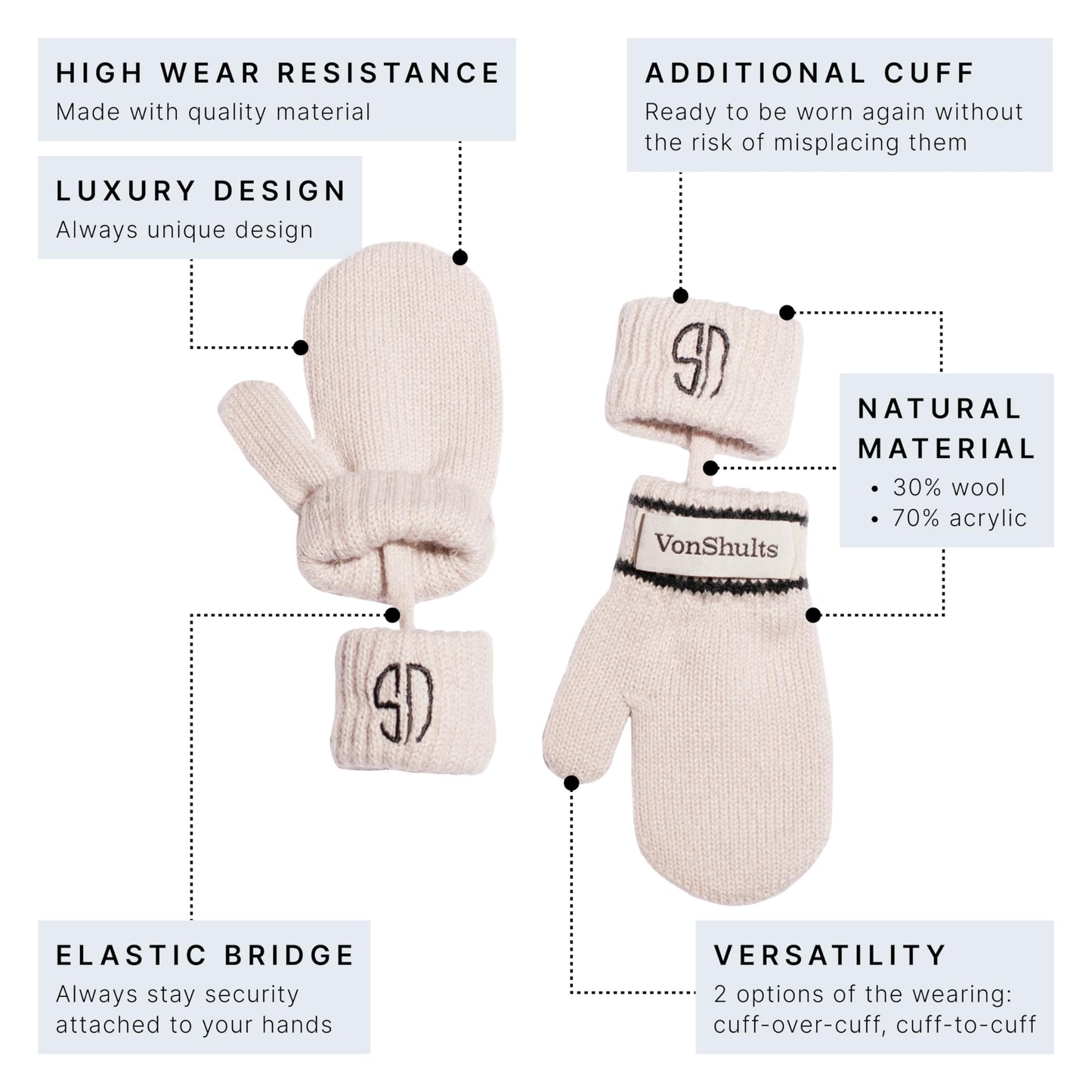 VonShults Merino Wool Winter Gloves Mittens for Toddlers with Strings No Clips - Never Lose Warm Cold Weather Mittens with Band Cord