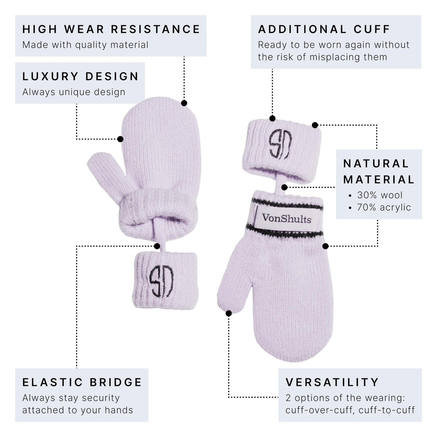 VonShults Merino Wool Winter Gloves Mittens for Toddlers with Strings No Clips - Never Lose Warm Cold Weather Mittens with Band Cord