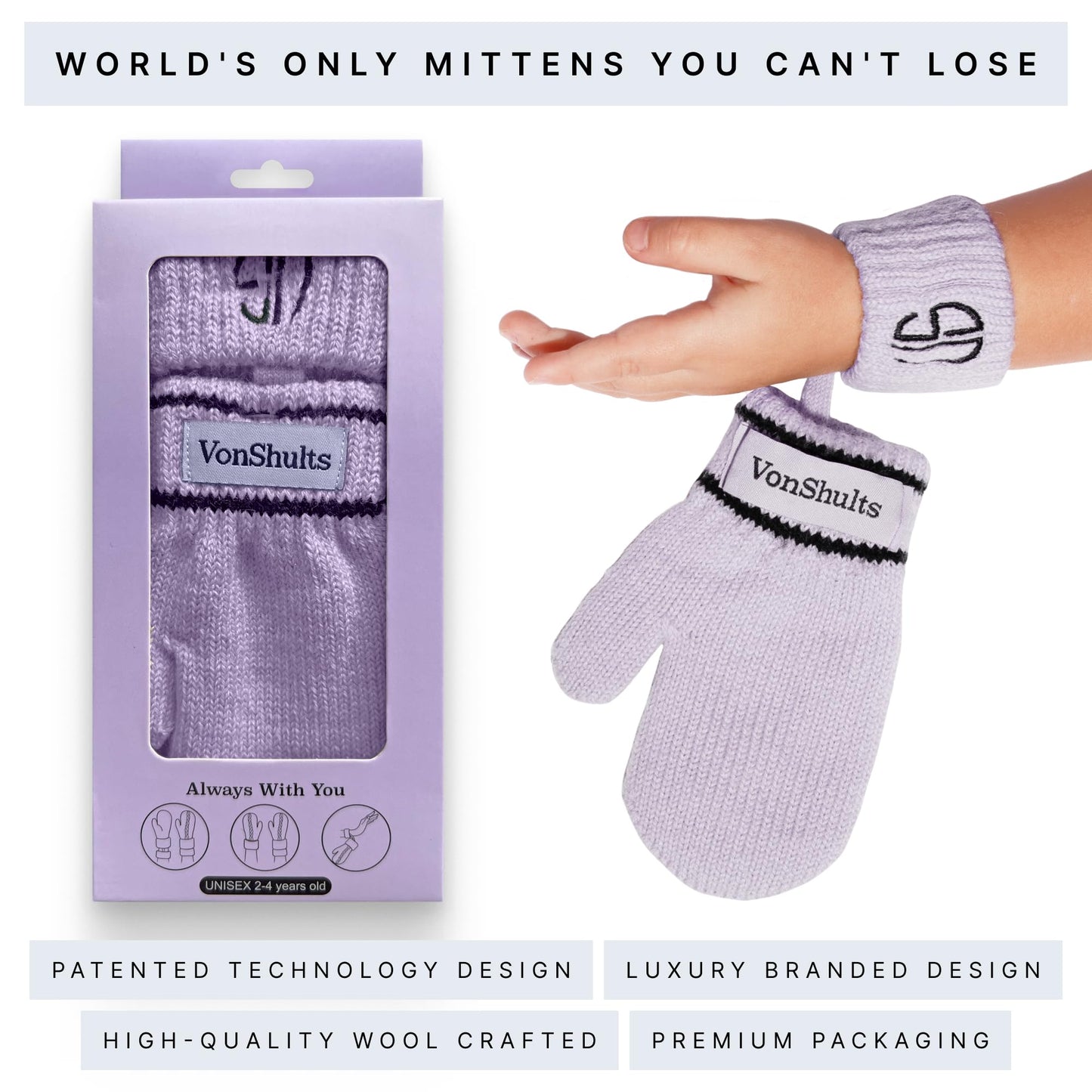 VonShults Merino Wool Winter Gloves Mittens for Toddlers with Strings No Clips - Never Lose Warm Cold Weather Mittens with Band Cord
