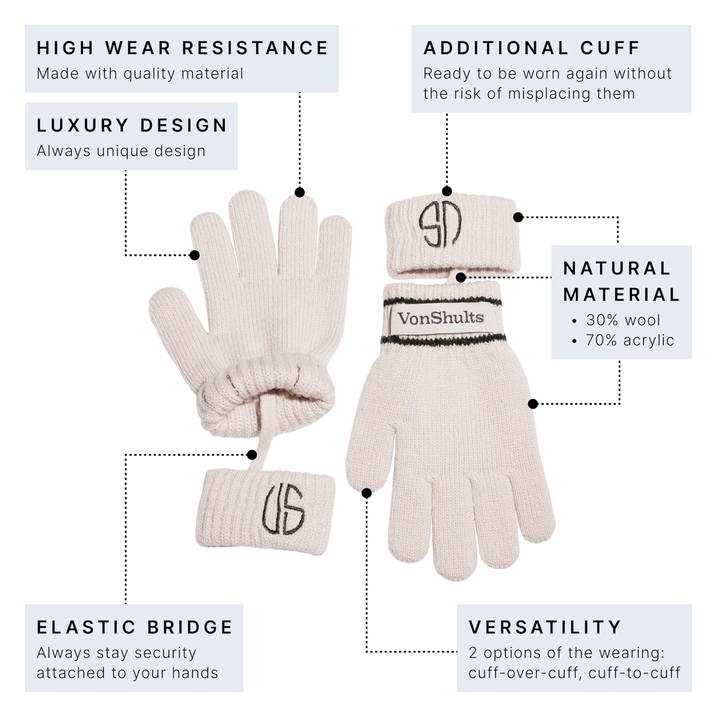 VonShults Merino Wool Winter Gloves Kids Teens with Wrist Strap Strings No Clips - Never-Lose Warm Cold Weather Mittens with Band Cord