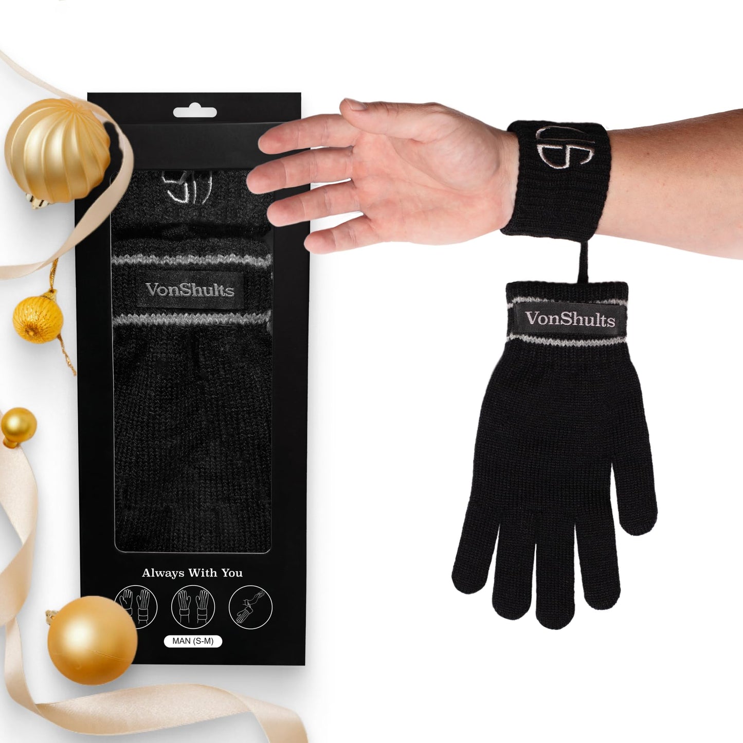 VonShults Merino Wool Winter Gloves Mens with Leashes @ Elastic Wrist Band Strap - Chistmas gift - Never-lose Warm Gloves Mittens for Adults with Strings