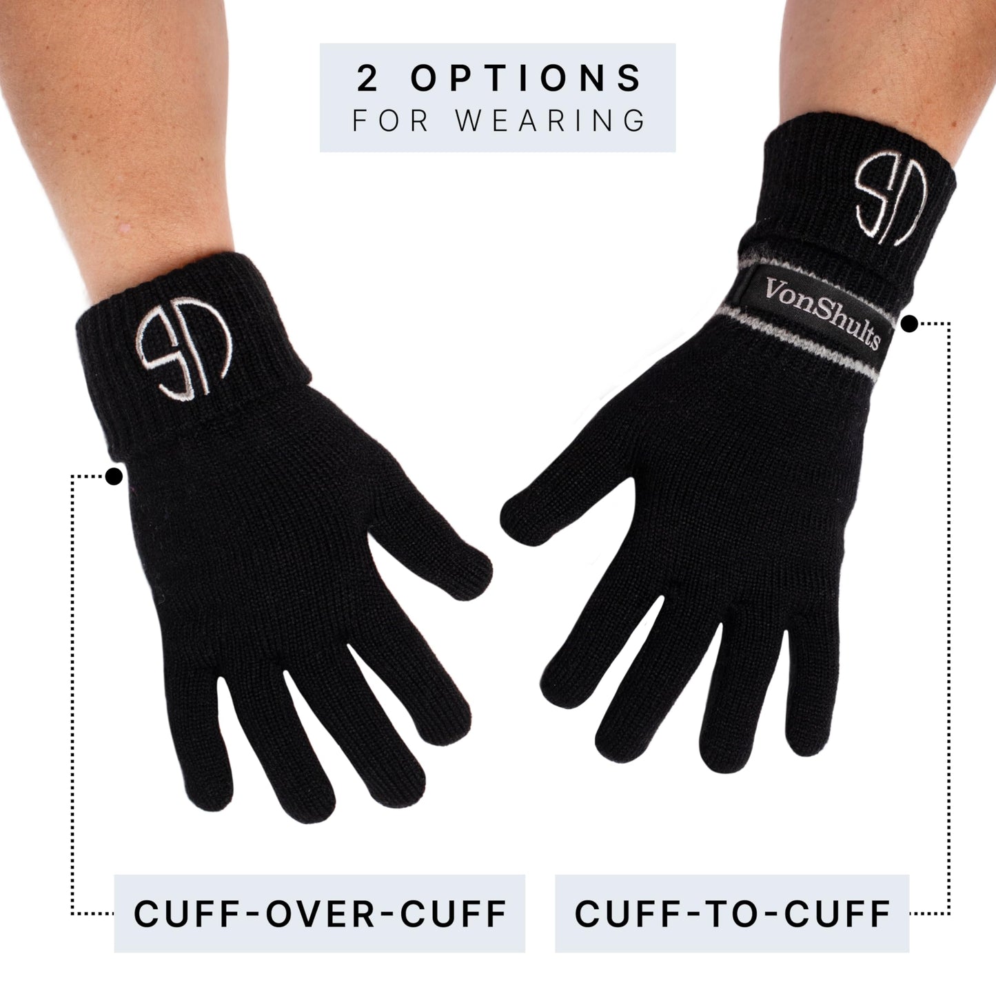 VonShults Merino Wool Winter Gloves Mens with Leashes @ Elastic Wrist Band Strap - Chistmas gift - Never-lose Warm Gloves Mittens for Adults with Strings