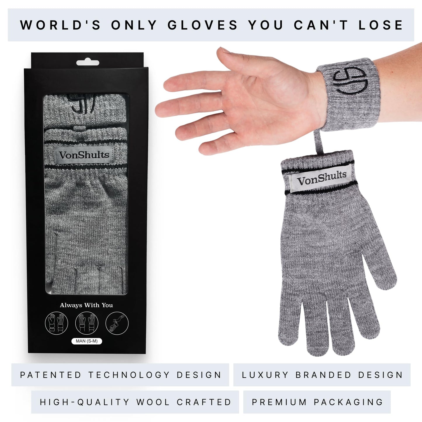 VonShults Merino Wool Winter Gloves Mens with Leashes @ Elastic Wrist Band Strap - Chistmas gift - Never-lose Warm Gloves Mittens for Adults with Strings