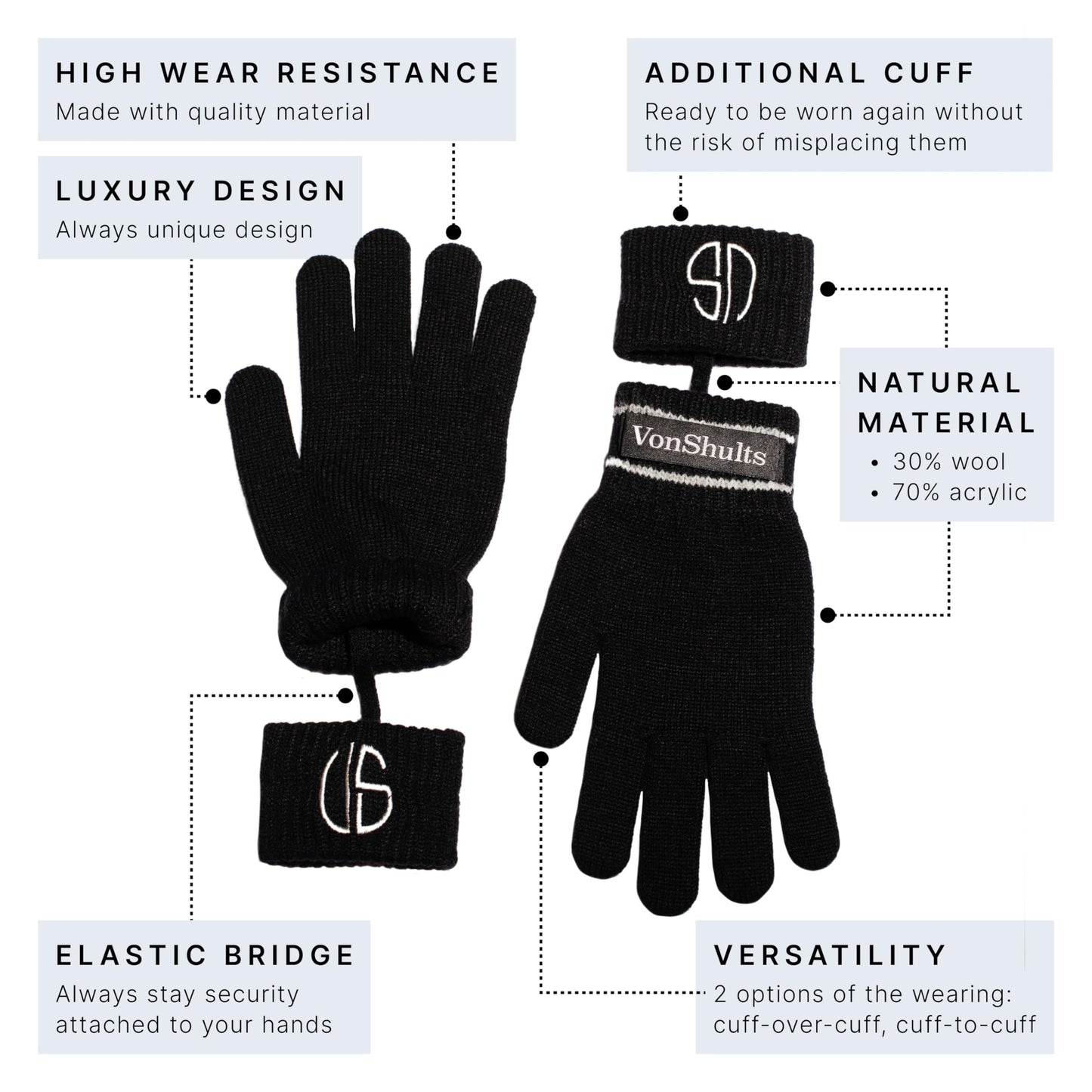 VonShults Merino Wool Winter Gloves Kids Teens with Wrist Strap Strings No Clips - Never-Lose Warm Cold Weather Mittens with Band Cord