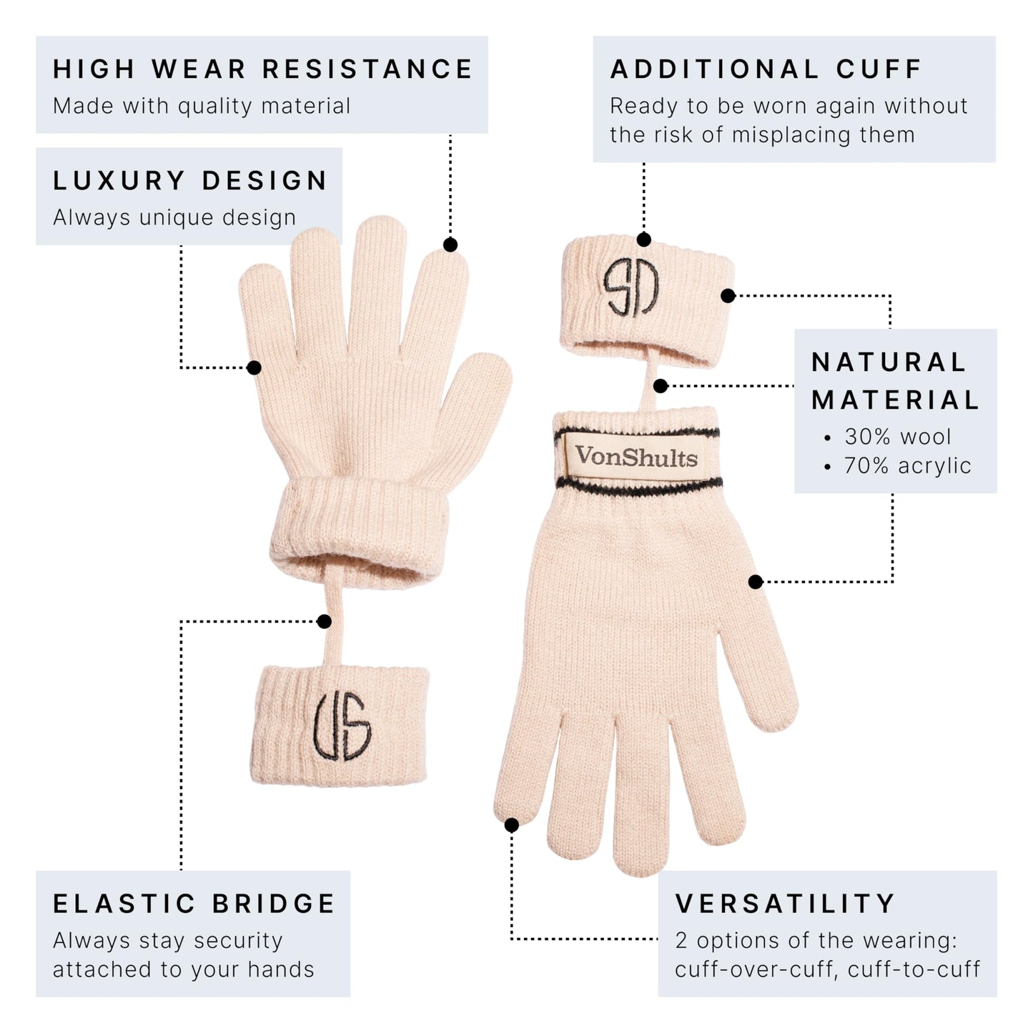 VonShults Merino Wool Winter Gloves Womens with Leashes @ Elastic Wrist Band Strap - Chistmas gift - Never-lose Warm Gloves Mittens for Adults with Strings