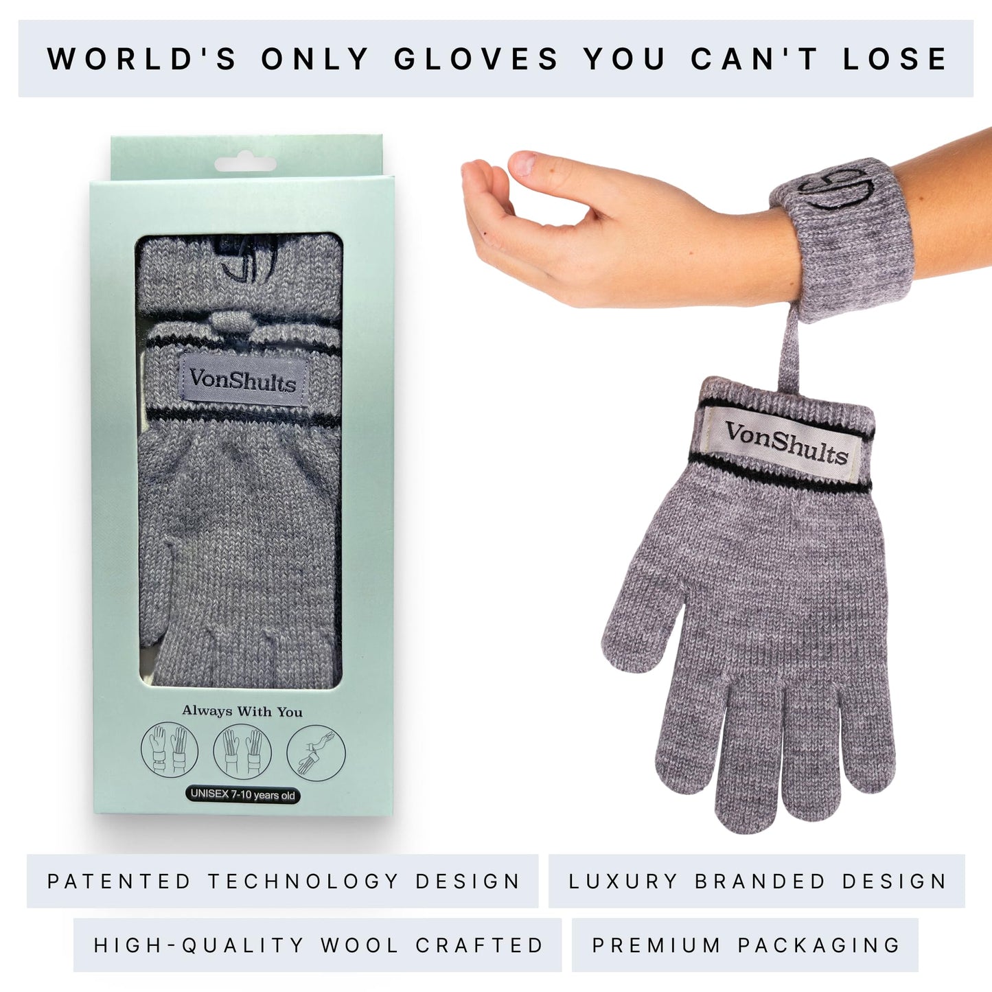 VonShults Merino Wool Winter Gloves Kids Teens with Wrist Strap Strings No Clips - Never-Lose Warm Cold Weather Mittens with Band Cord