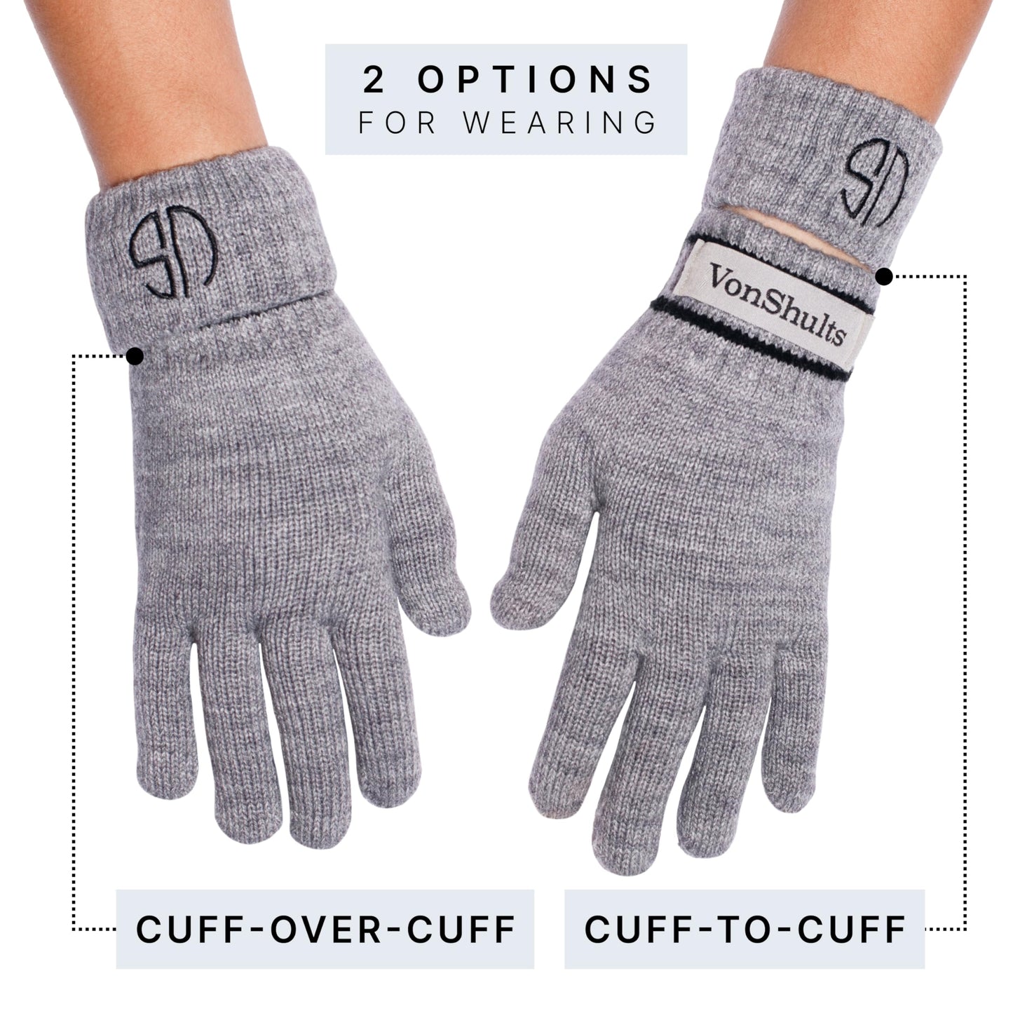 VonShults Merino Wool Winter Gloves Womens with Leashes @ Elastic Wrist Band Strap - Chistmas gift - Never-lose Warm Gloves Mittens for Adults with Strings