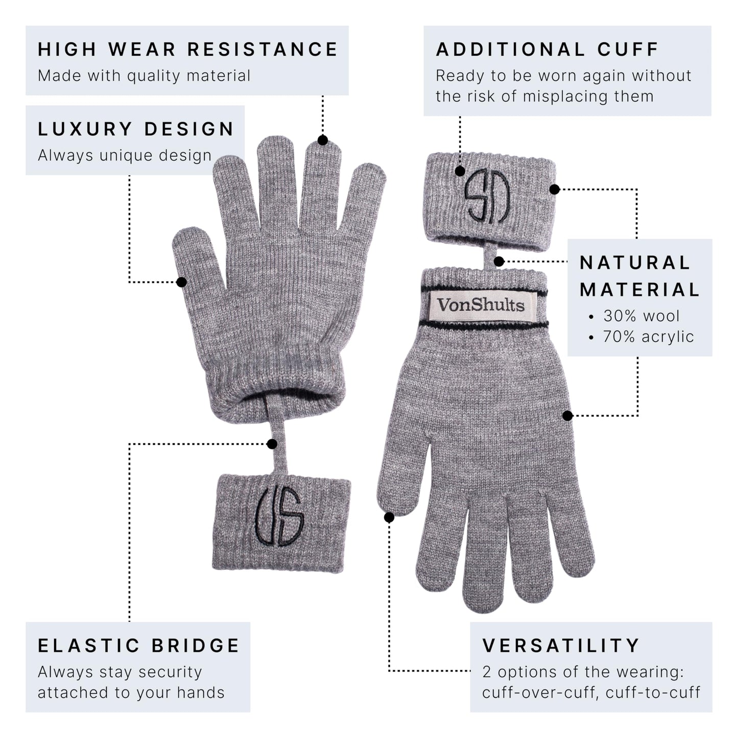 VonShults Merino Wool Winter Gloves Mens with Leashes @ Elastic Wrist Band Strap - Chistmas gift - Never-lose Warm Gloves Mittens for Adults with Strings
