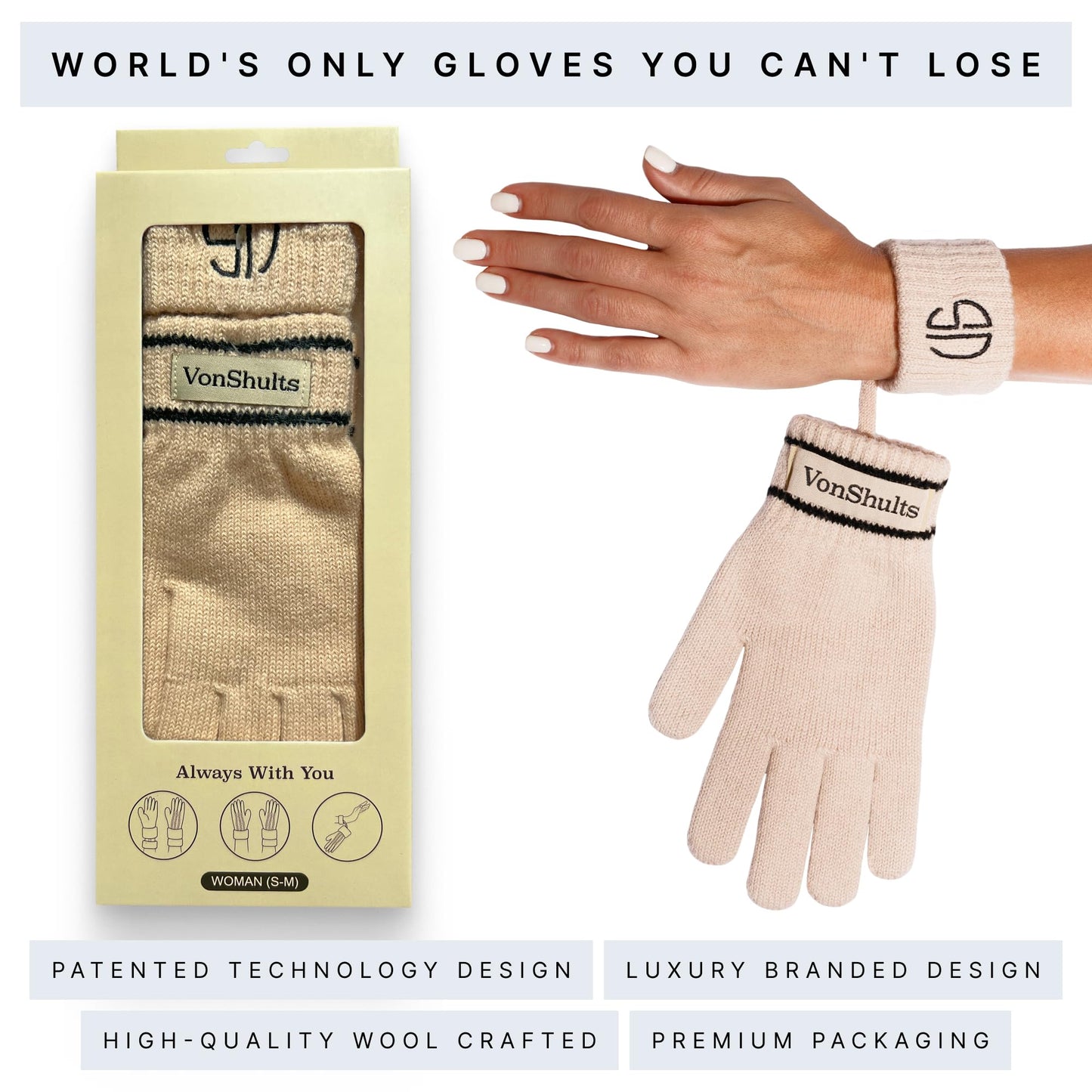 VonShults Merino Wool Winter Gloves Womens with Leashes @ Elastic Wrist Band Strap - Chistmas gift - Never-lose Warm Gloves Mittens for Adults with Strings