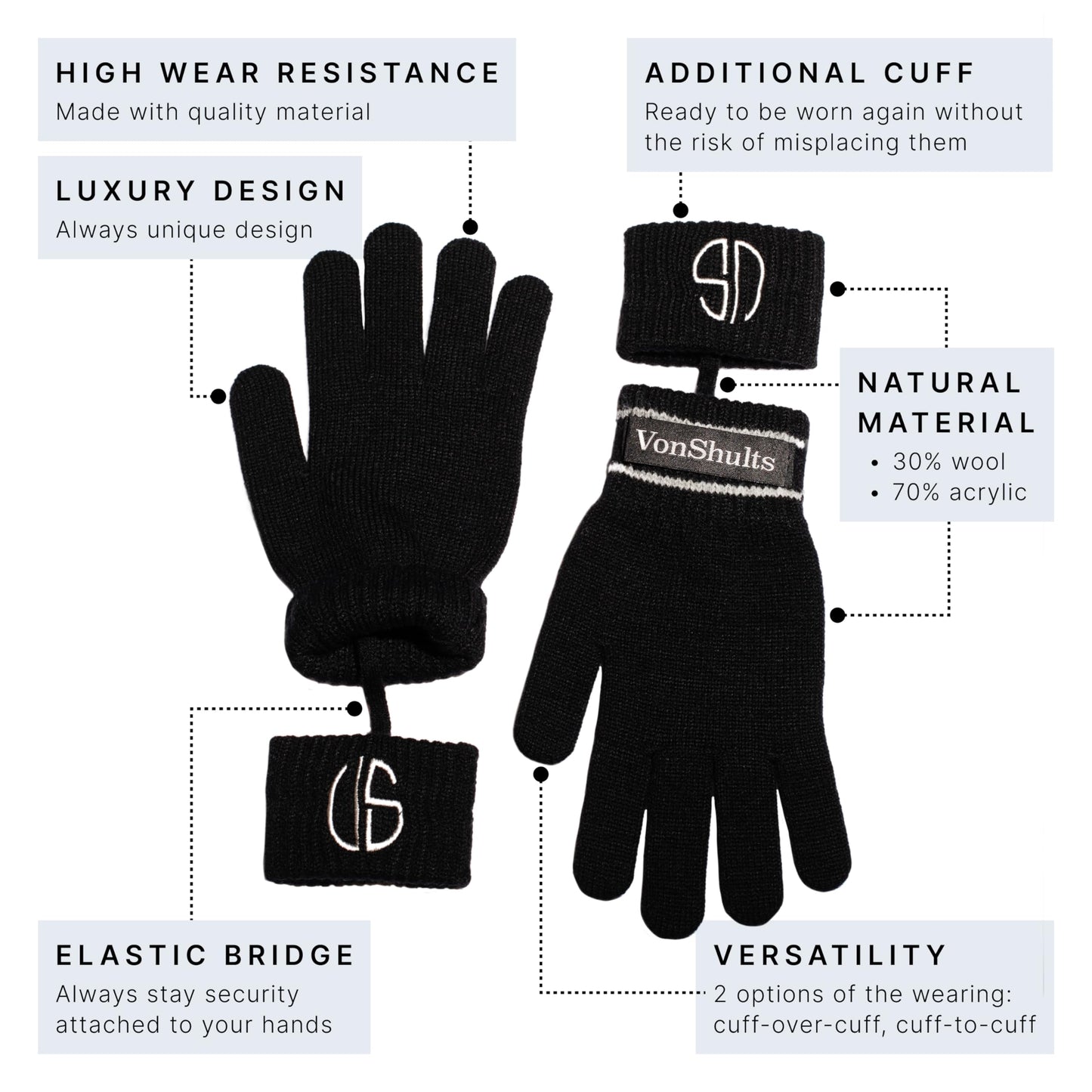 VonShults Merino Wool Winter Gloves Mens with Leashes @ Elastic Wrist Band Strap - Chistmas gift - Never-lose Warm Gloves Mittens for Adults with Strings