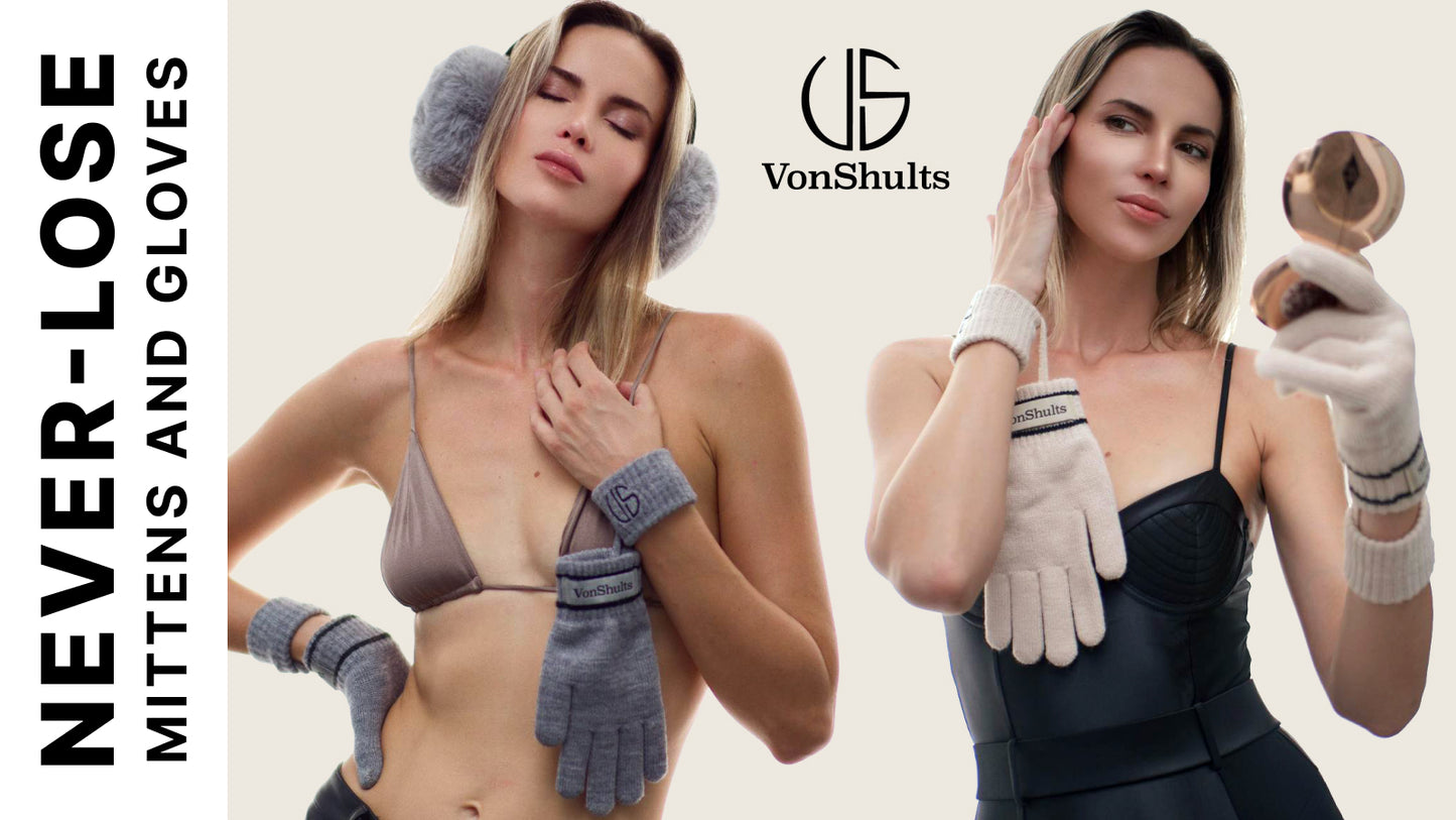 VonShults Merino Wool Winter Gloves Womens with Leashes @ Elastic Wrist Band Strap - Chistmas gift - Never-lose Warm Gloves Mittens for Adults with Strings