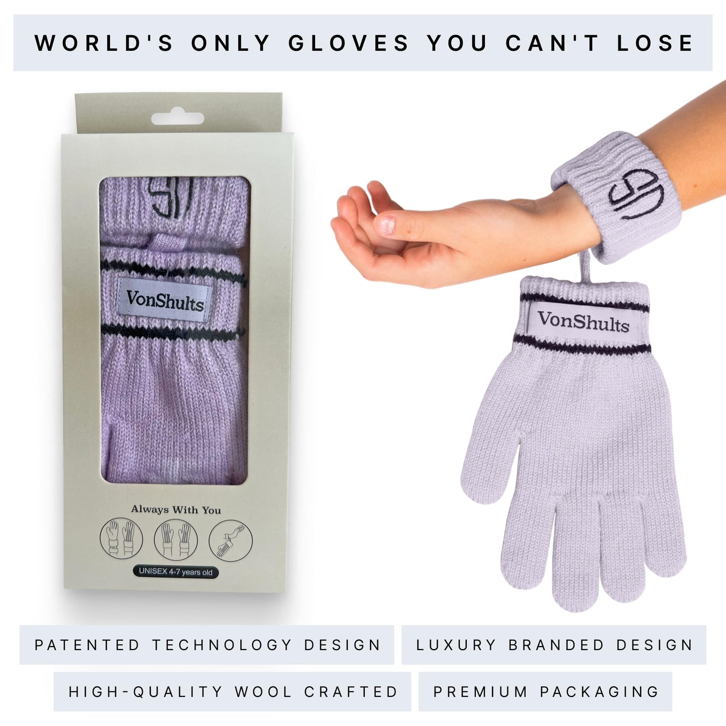 VonShults Merino Wool Winter Gloves Kids Teens with Wrist Strap Strings No Clips - Never-Lose Warm Cold Weather Mittens with Band Cord