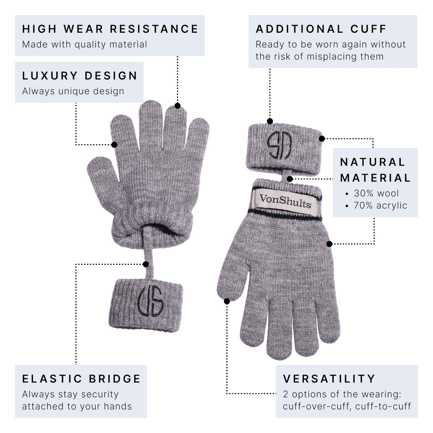 VonShults Merino Wool Winter Gloves Kids Teens with Wrist Strap Strings No Clips - Never-Lose Warm Cold Weather Mittens with Band Cord