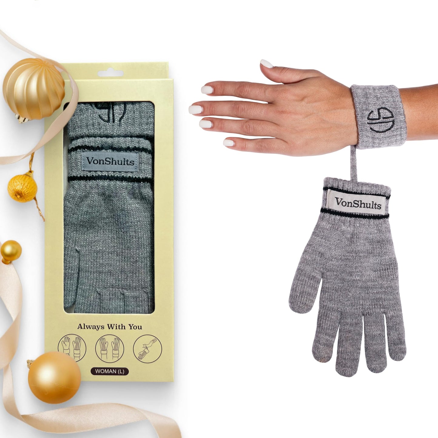 VonShults Merino Wool Winter Gloves Womens with Leashes @ Elastic Wrist Band Strap - Chistmas gift - Never-lose Warm Gloves Mittens for Adults with Strings