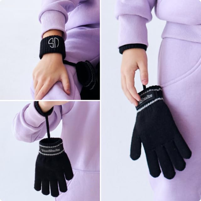 VonShults Merino Wool Winter Gloves Kids Teens with Wrist Strap Strings No Clips - Never-Lose Warm Cold Weather Mittens with Band Cord