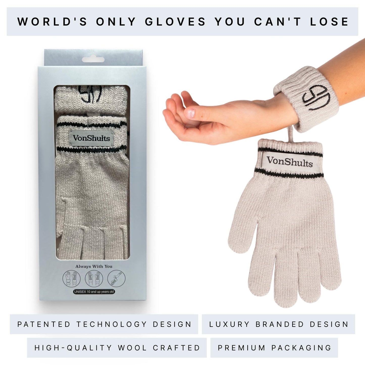 VonShults Merino Wool Winter Gloves Kids Teens with Wrist Strap Strings No Clips - Never-Lose Warm Cold Weather Mittens with Band Cord