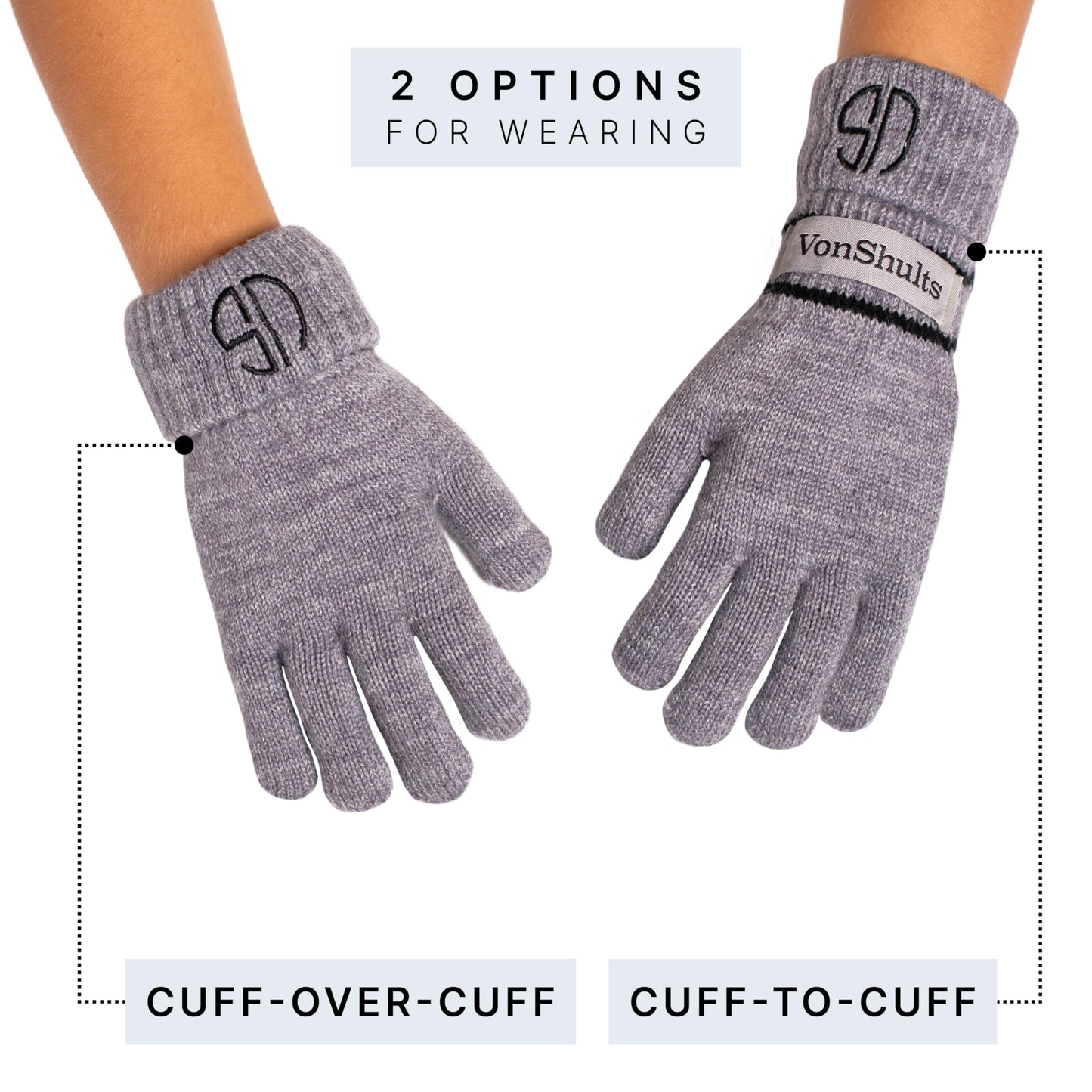 VonShults Merino Wool Winter Gloves Kids Teens with Wrist Strap Strings No Clips - Never-Lose Warm Cold Weather Mittens with Band Cord